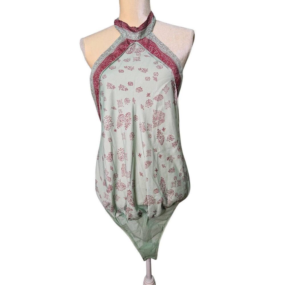 Sleeveless Halter Bodysuit in Sage with Burgundy Trim